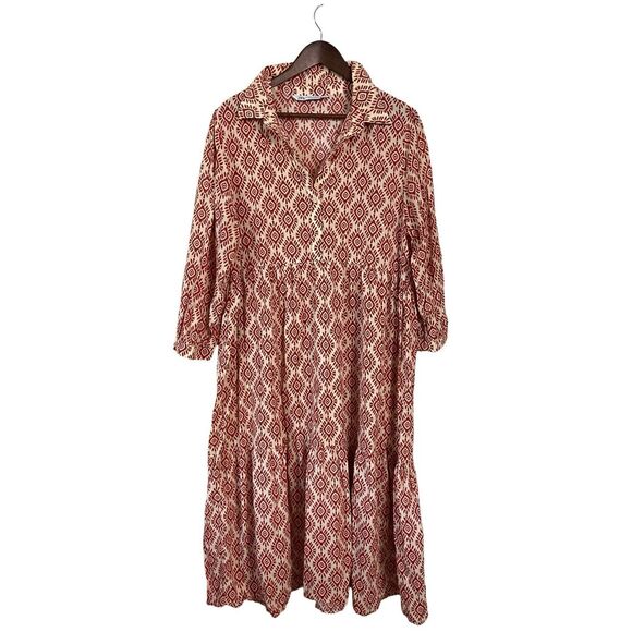 Zara Dresses & Skirts - Zara Printed Midi Dress Lapel Collar Long Sleeve Womans XXL
